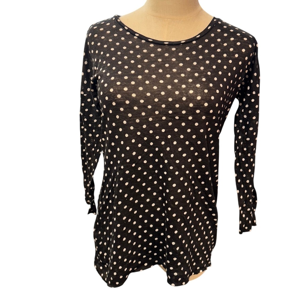 Madewell Polka Dot Long Sleeve 100%‎ Linen Top XS Black White crew neck sheer
